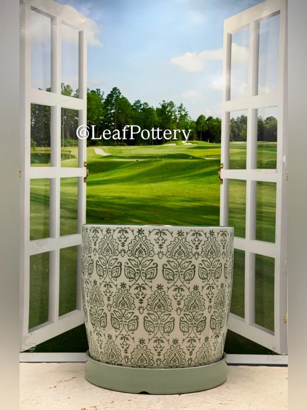 Ceramic Planter with Saucer Attached 7 Inch | Green Patterned Flower Pot